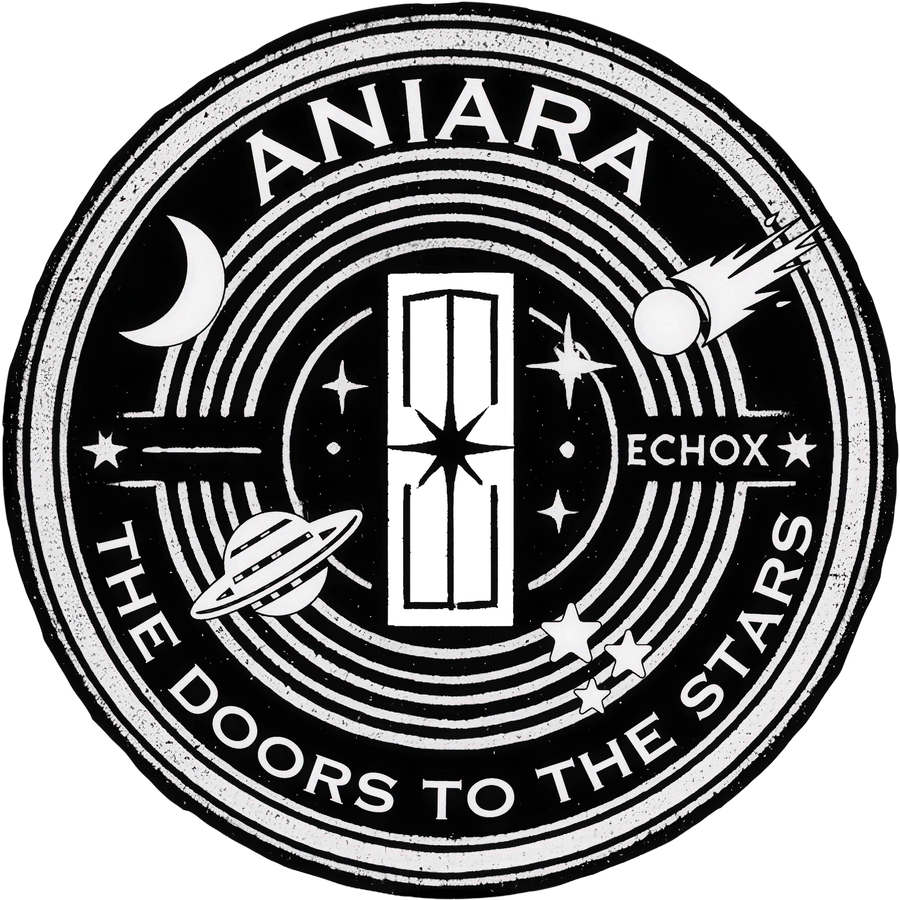 ANIARA — The Doors to the Stars: a circular seal with a door, a crescent moon, a comet, and a ringed planet