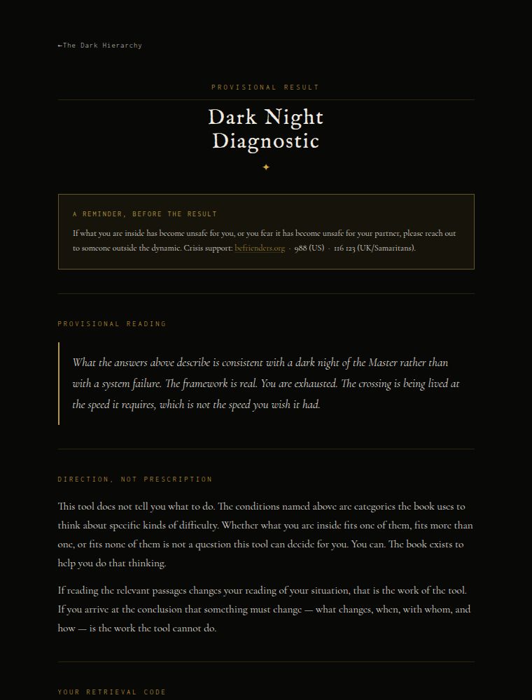 Example result screen of the Dark Night Diagnostic: a provisional reading with a care reminder.