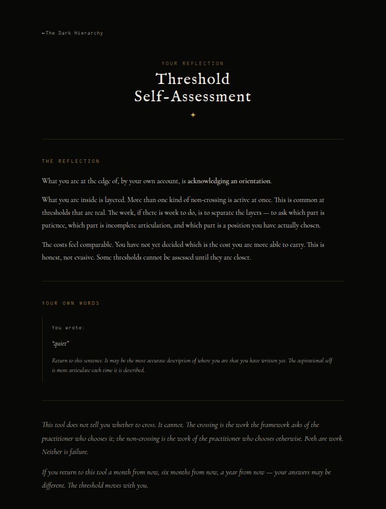 Example result screen of the The Threshold: a threshold reading with architecture and cost.