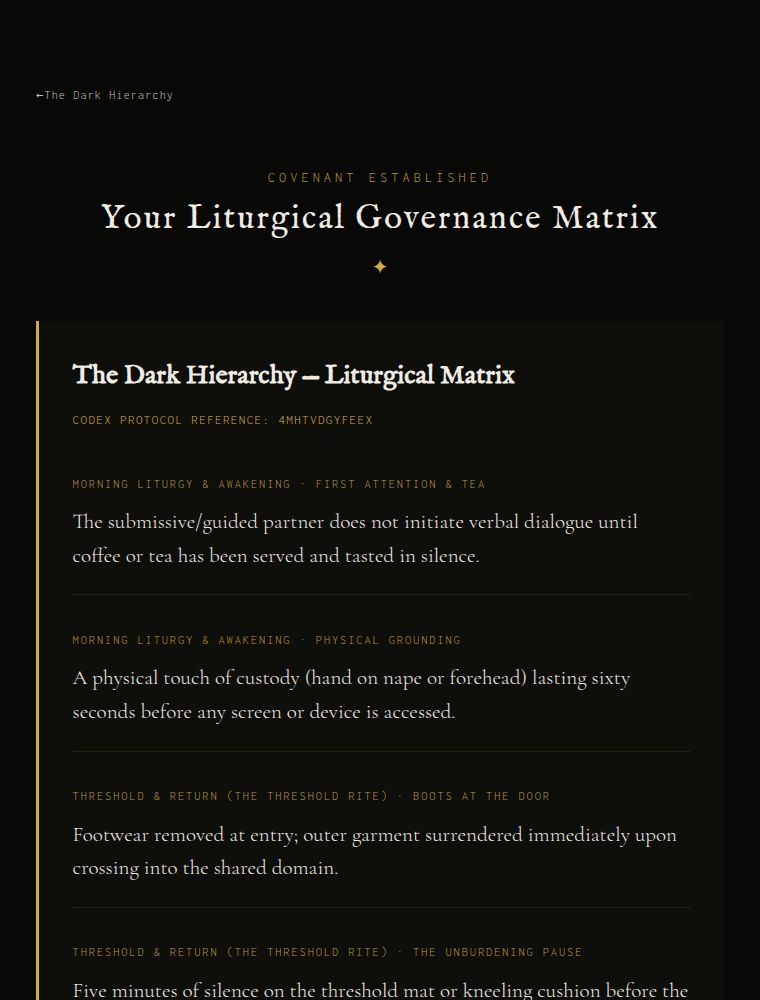 Example result screen of the Liturgy and Household Matrix: a covenant matrix with its retrieval code.